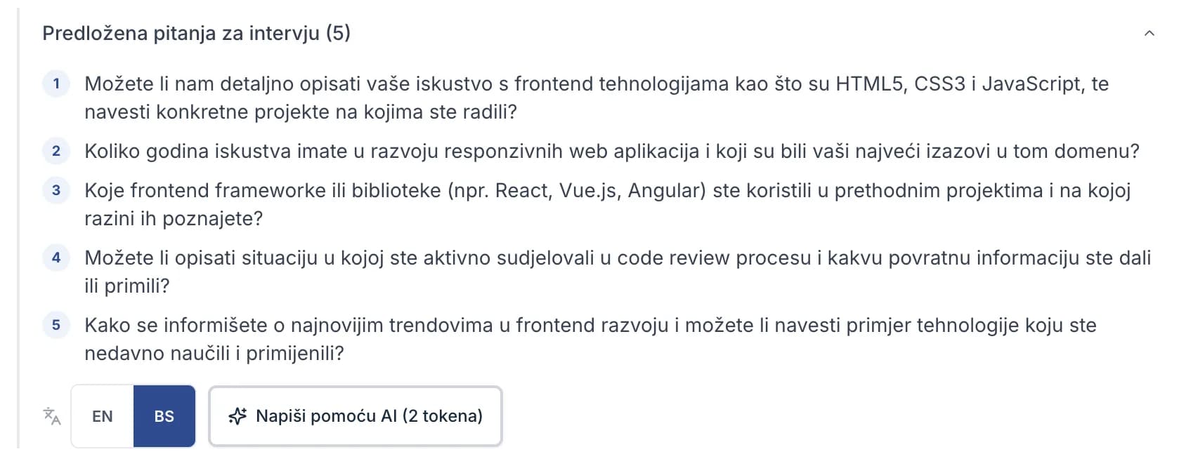 The AI screening card with its draft-questions button