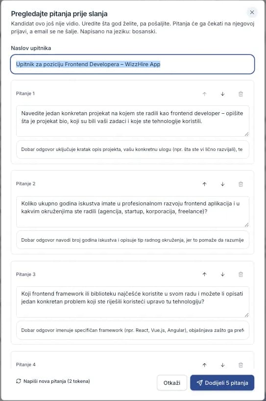 The AI questions review modal with editable questions