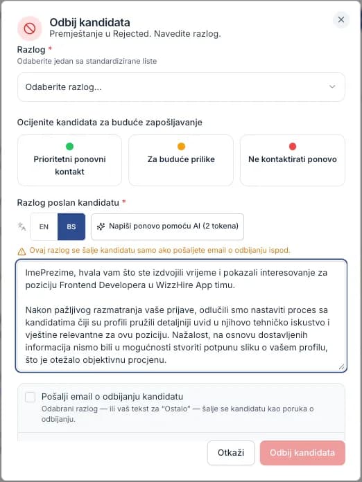 The rejection dialog with its AI draft button and language picker