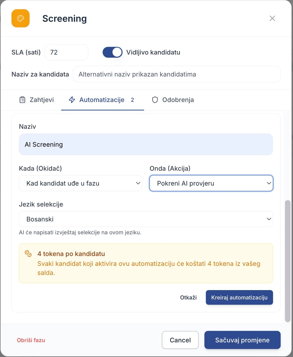 Kartica Automatizacije jedne faze pipelinea s automatizacijom Pokreni AI provjeru