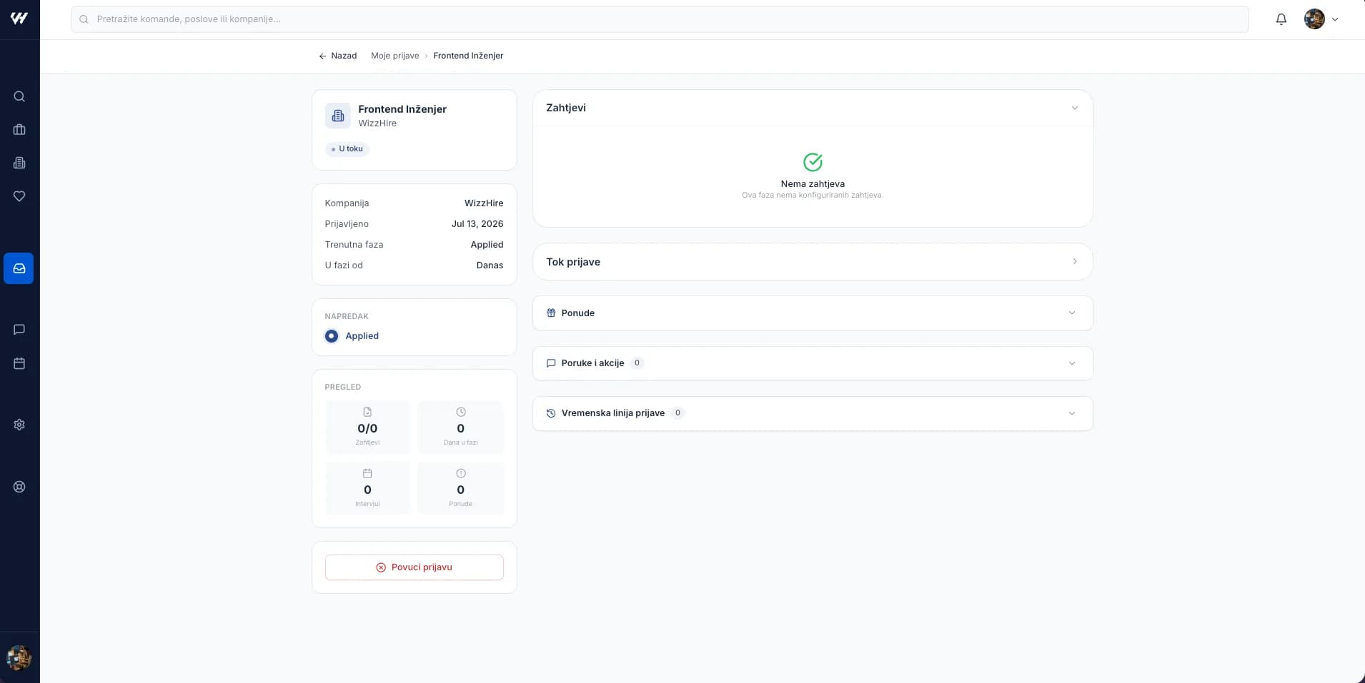 An application detail view with progress and timeline