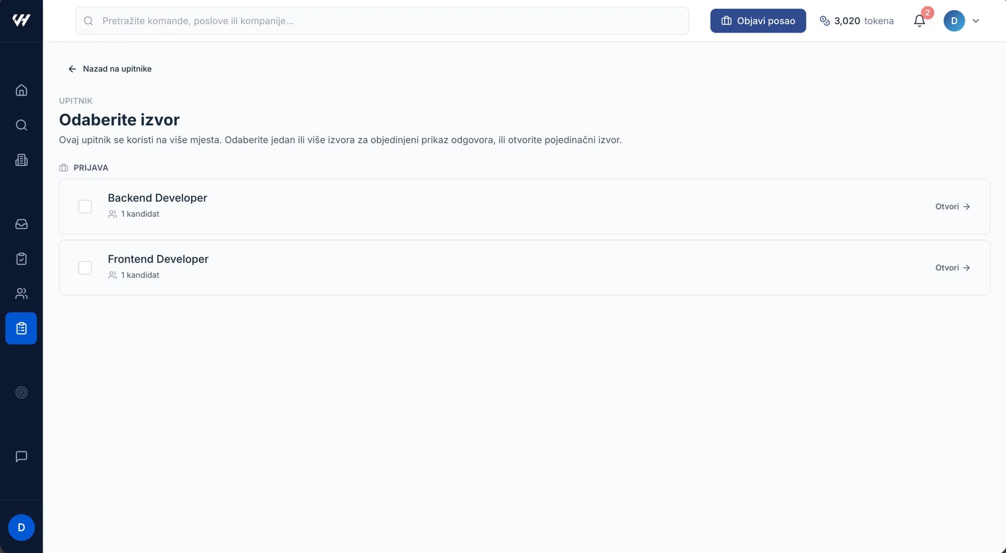 The Choose a source dialog, listing the jobs and stages a reused questionnaire is attached to