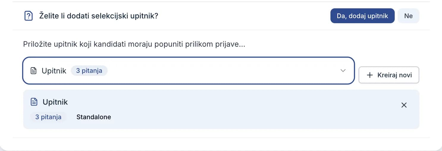 Step 2 of the create-job wizard, with the questionnaire section open and a questionnaire selected