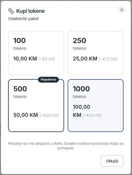 The Buy Tokens dialog with the token packages