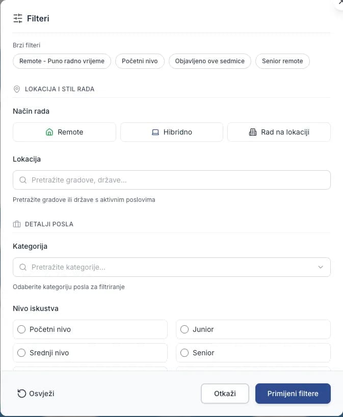 The Jobs list with the filter panel open