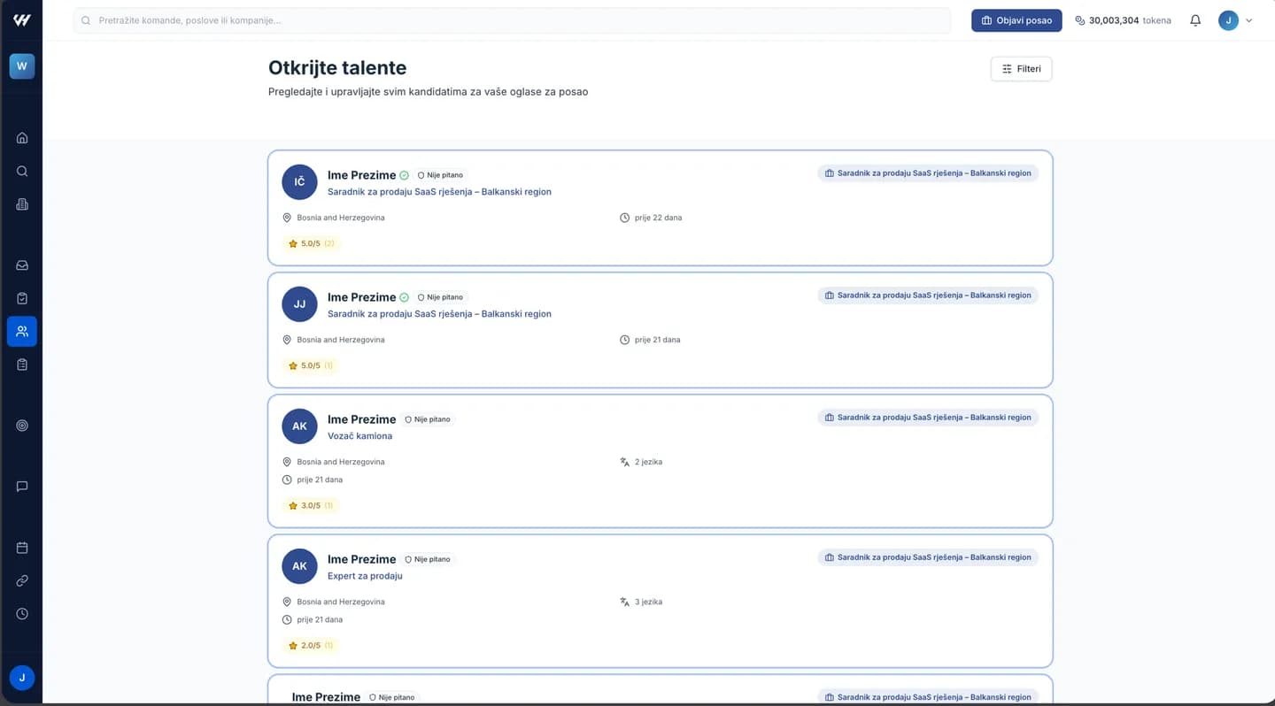 The Candidates page with its searchable list