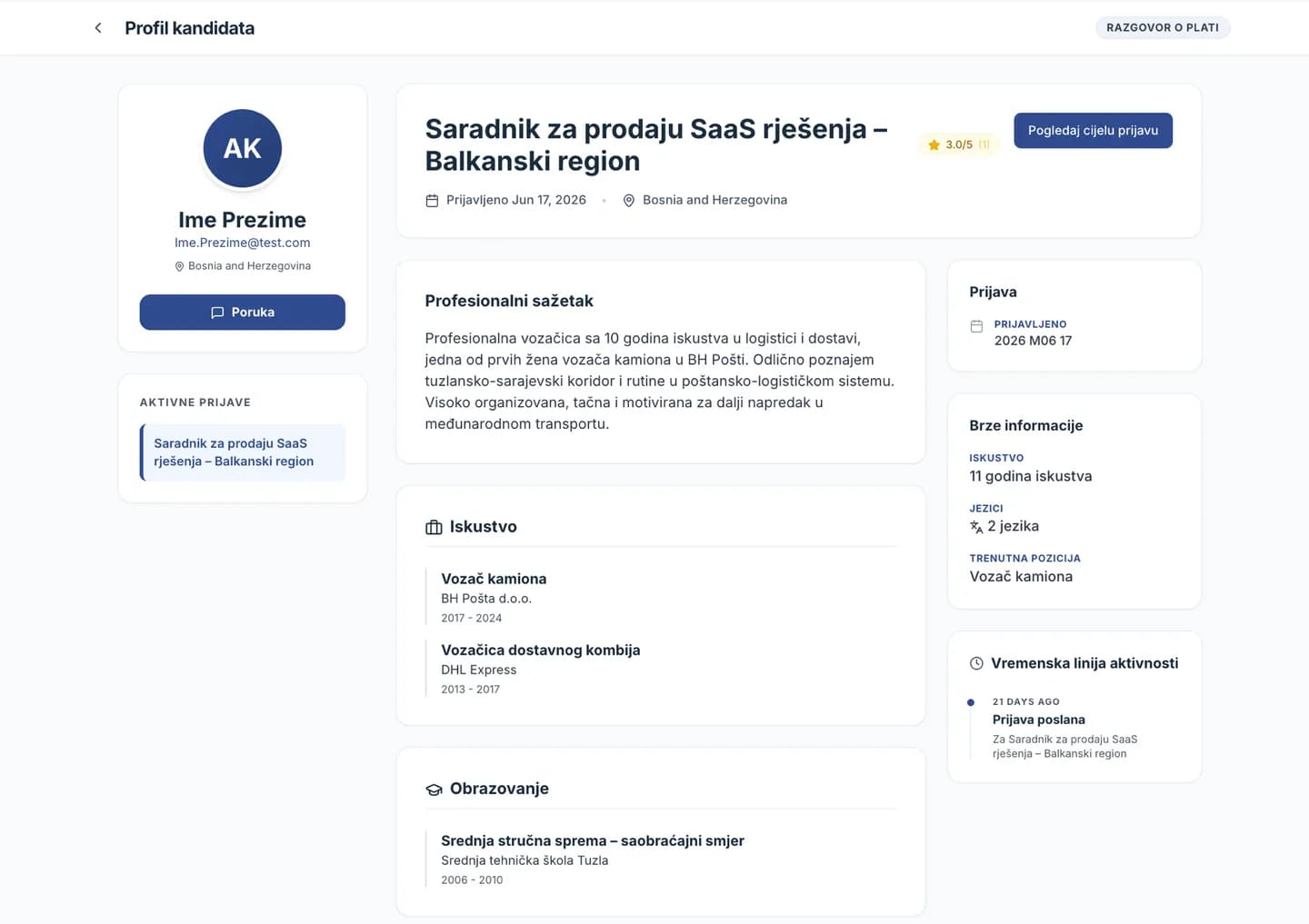 A candidate profile with experience, skills and timeline