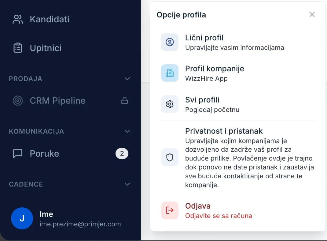 Otvorite meni profila klikom na avatar i odaberite Profil kompanije da otvorite profil kompanije.