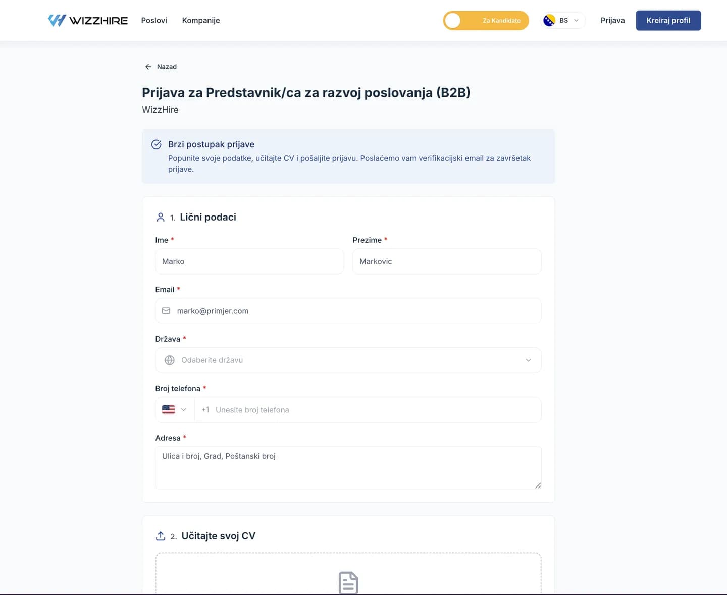 The guest application form with personal details and CV upload