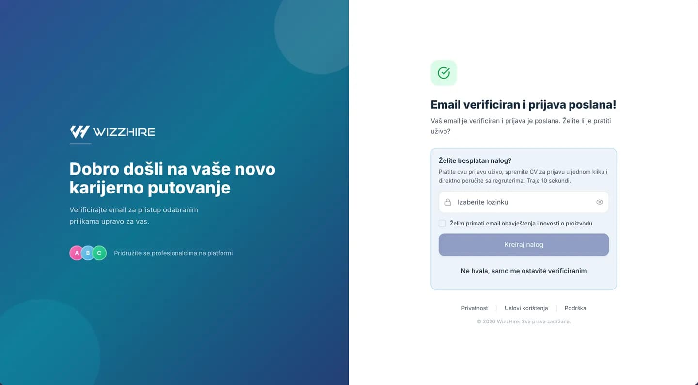 The 'Email verified and application sent' confirmation screen
