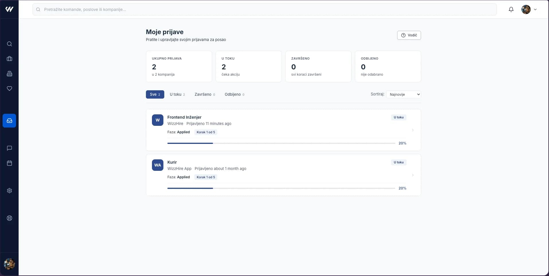 The My Applications page with its counts and cards