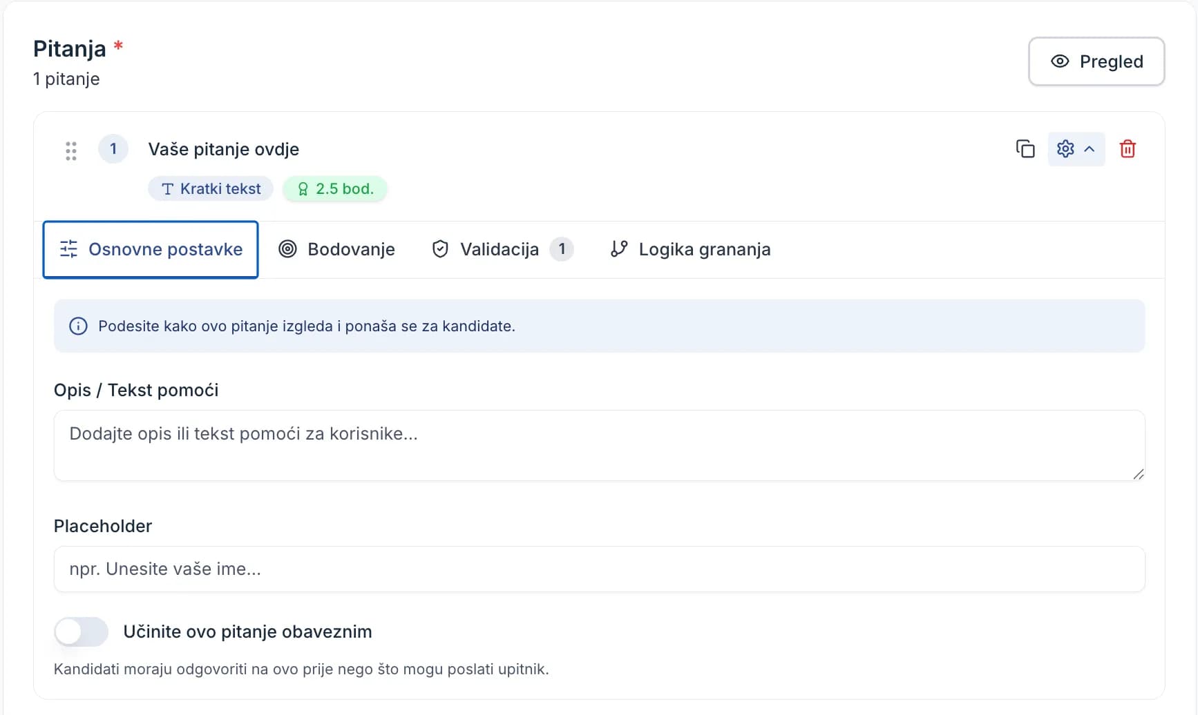 An expanded question in Configure, with the Basic Settings, Scoring, Validation and Branching Logic tabs