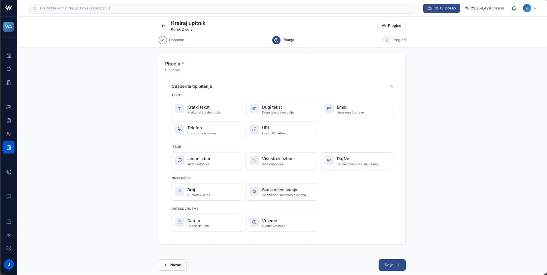 The Select Question Type picker showing the Text, Choice, Numeric and DateTime groups