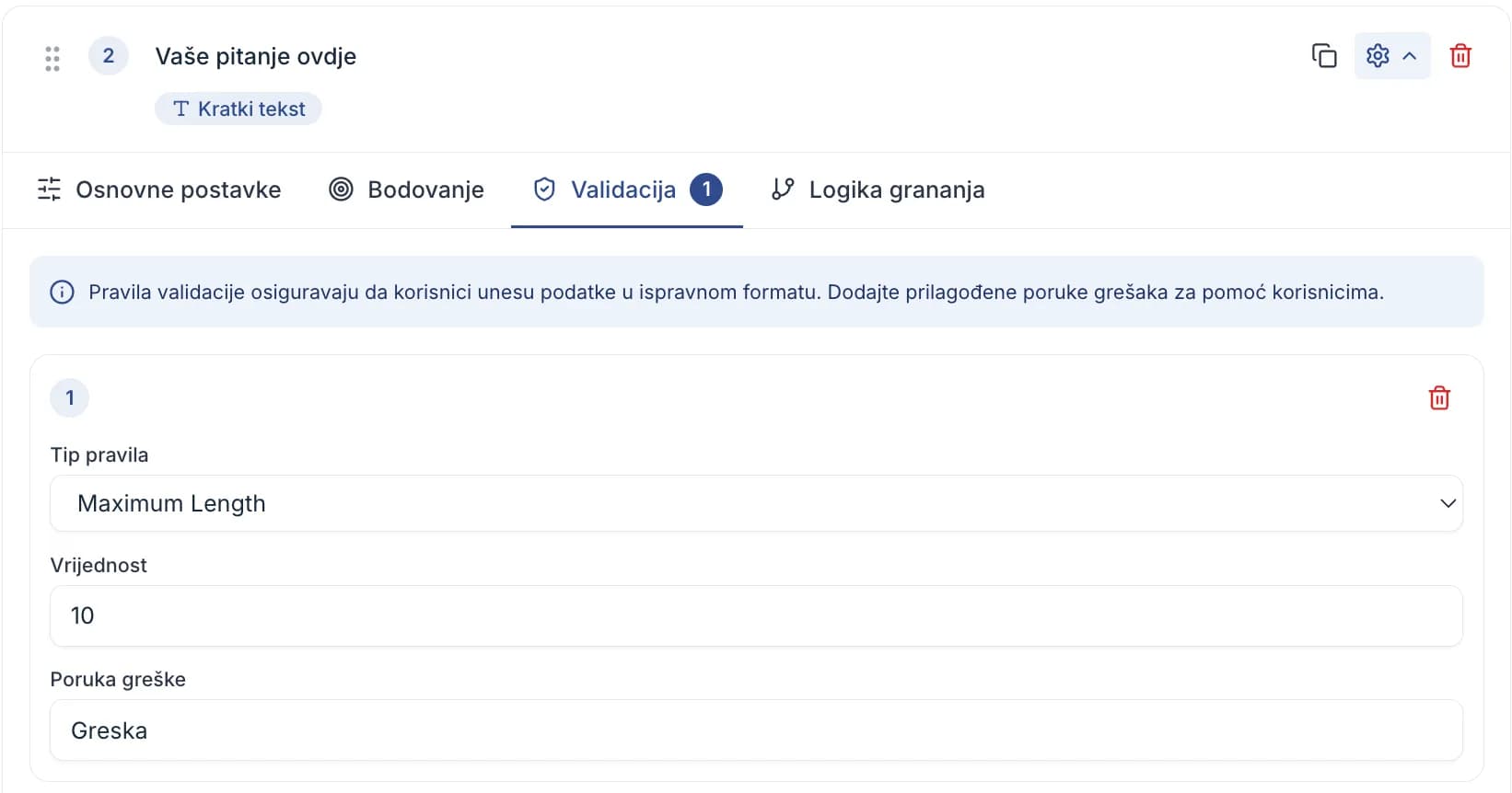 The Validation tab of a question, showing a rule with Rule Type, Value and Error Message