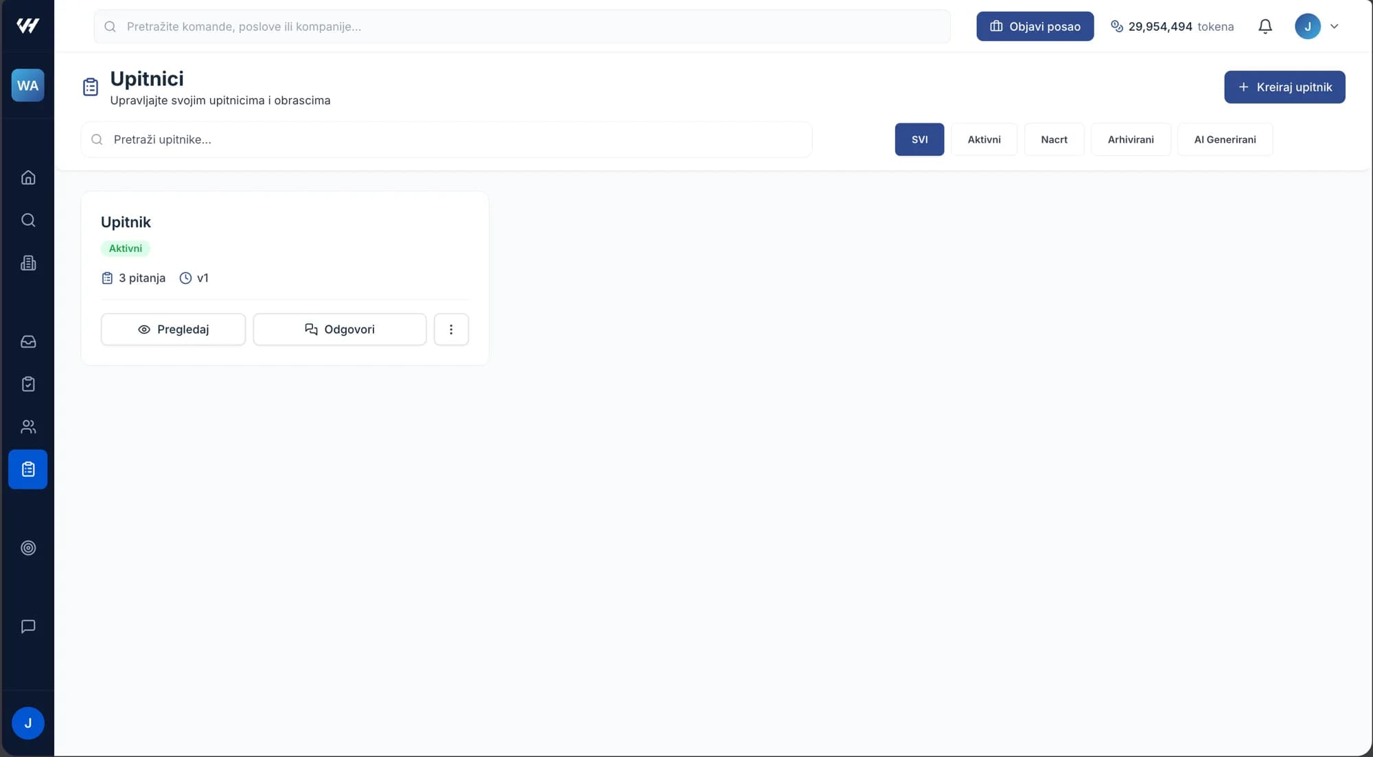 The Questionnaires page with its search box, filter chips and questionnaire cards
