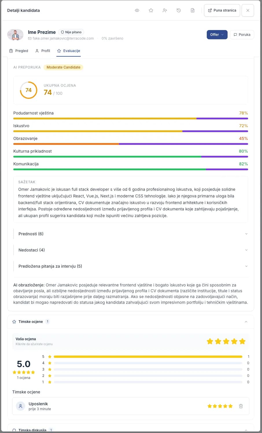 A candidate’s actions: move stage, star rating, message