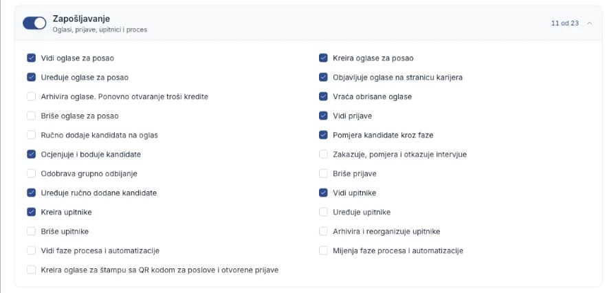 Modul Zapošljavanje raširen u pojedinačne dozvole