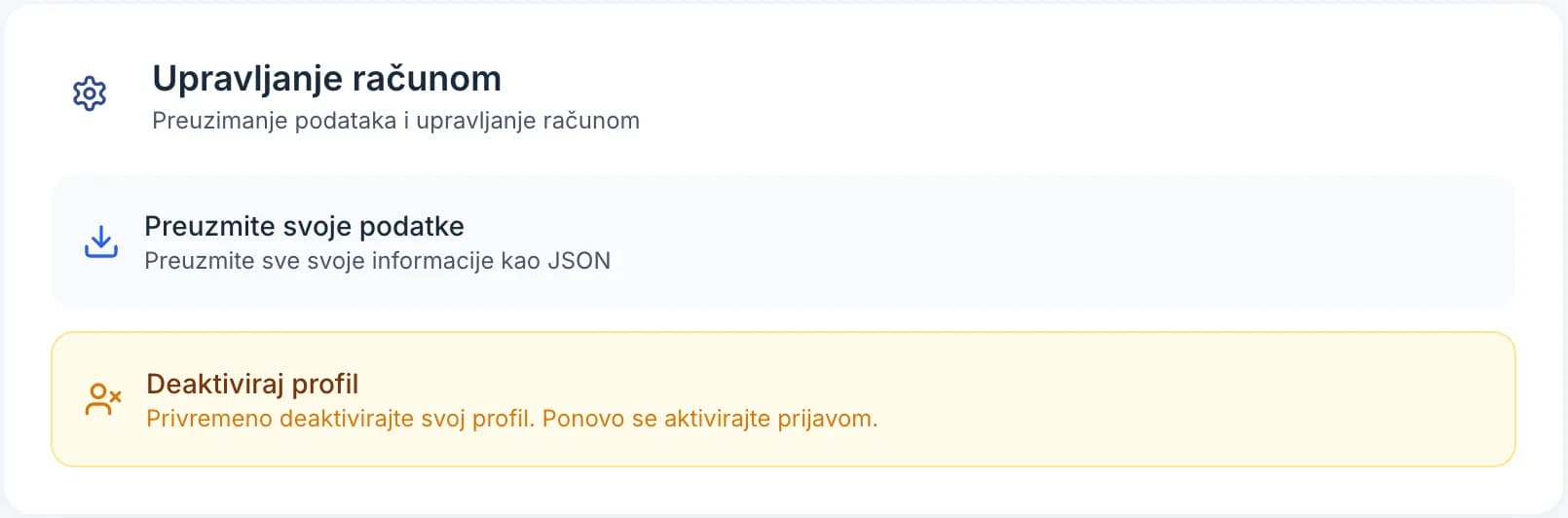 Kartica Upravljanje računom u postavkama