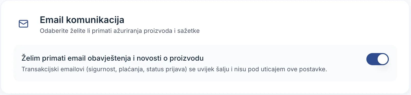 Kartica Email komunikacija u postavkama s prekidačem